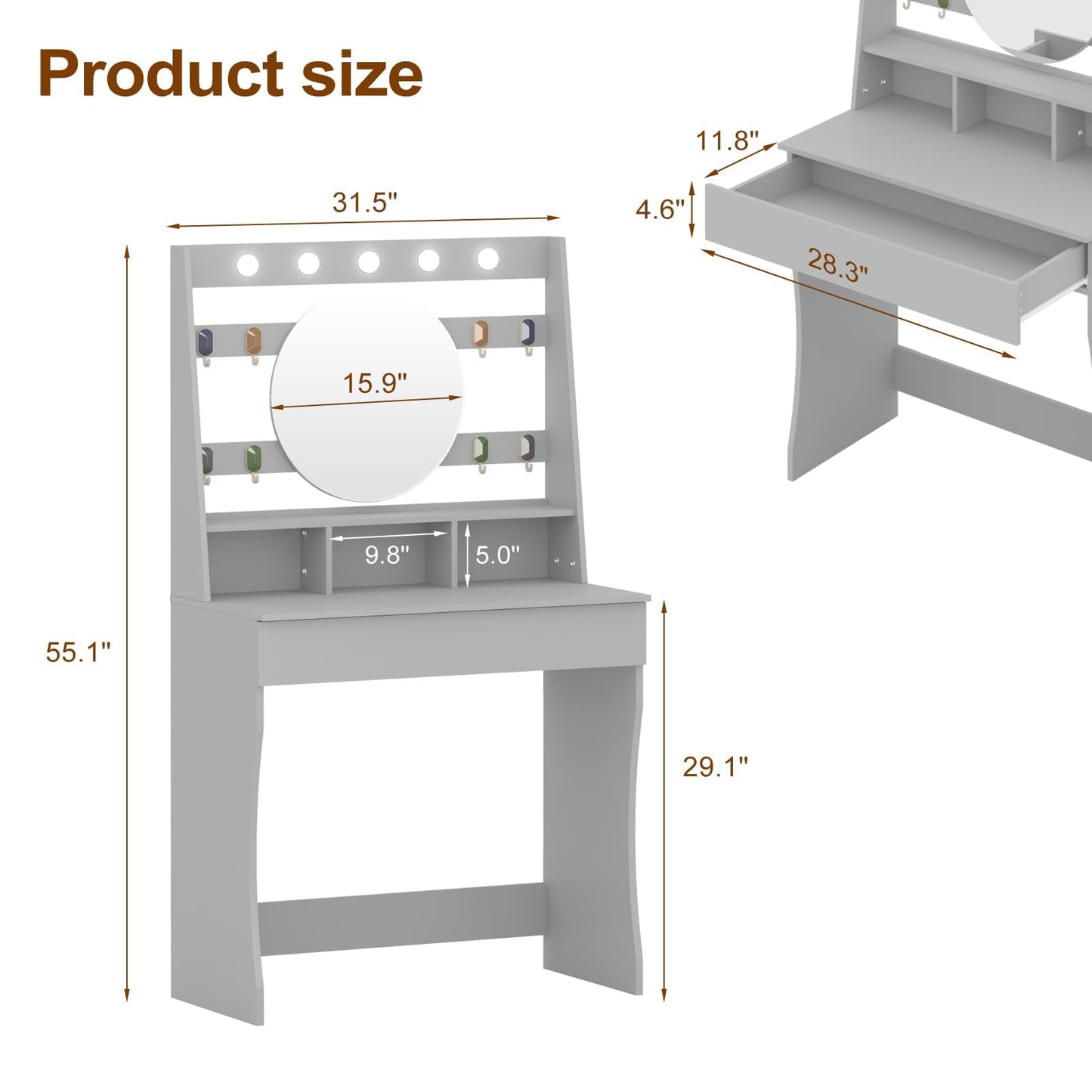 HedoAjim Vanity Desk with Lights, Makeup Table with Mirror, Dressing Table with 5 Hollywood Bulbs, 3 Adjustable Lighting Colors, Small Vanity Desk for Bedroom (Grey)