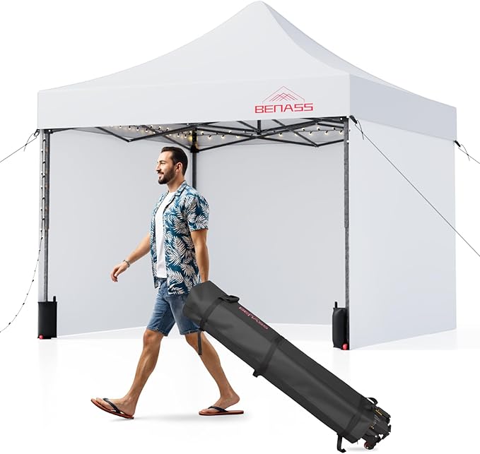 Benass 10x10 Pop Up Canopy Tent with 8 Reinforced Steel Wire Ropes, Heavy Duty Instant Canopies with 3 Removable Sidewall...
