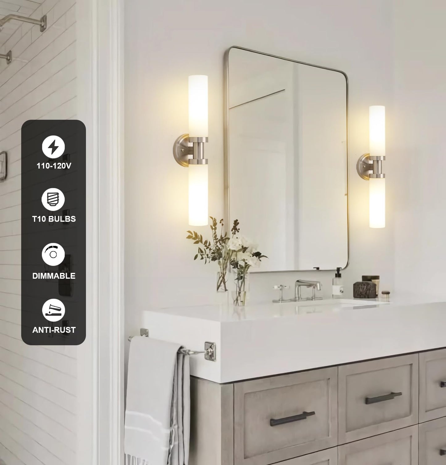 SANTOSTOCK Brushed Nickel Bathroom Light Fixtures, 2-Light Vanity Lights W/White Glass Shade, Modern Sconces Wall Lighting for Mirror Kitchen Bedroom Hallway Living Room, E26 T10 Bulbs(Excluded)