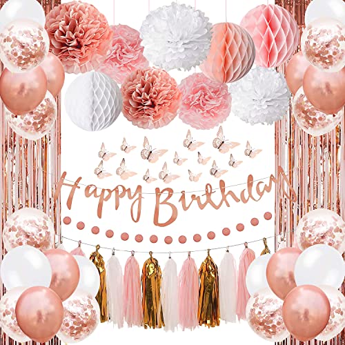 Upgraded Rose Gold Pink Party Decorations with Happy Birthday Banner, Curtains, Butterfly Wall, Circle Dots Garland, Tissu...