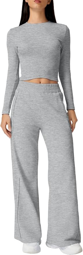QINSEN Womens 2 Piece Sets Long Sleeve Slim Fit Crop Tops Wide Leg Pants Matching Lounge Set