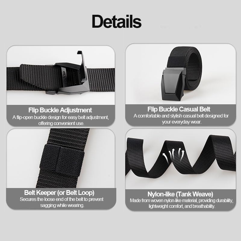 Tactical Belt for Men(1.5"W × 50"L), No Holes Adjustable Stretch Nylon Belts with Flap Buckle, Casual Belt for Working Hik...