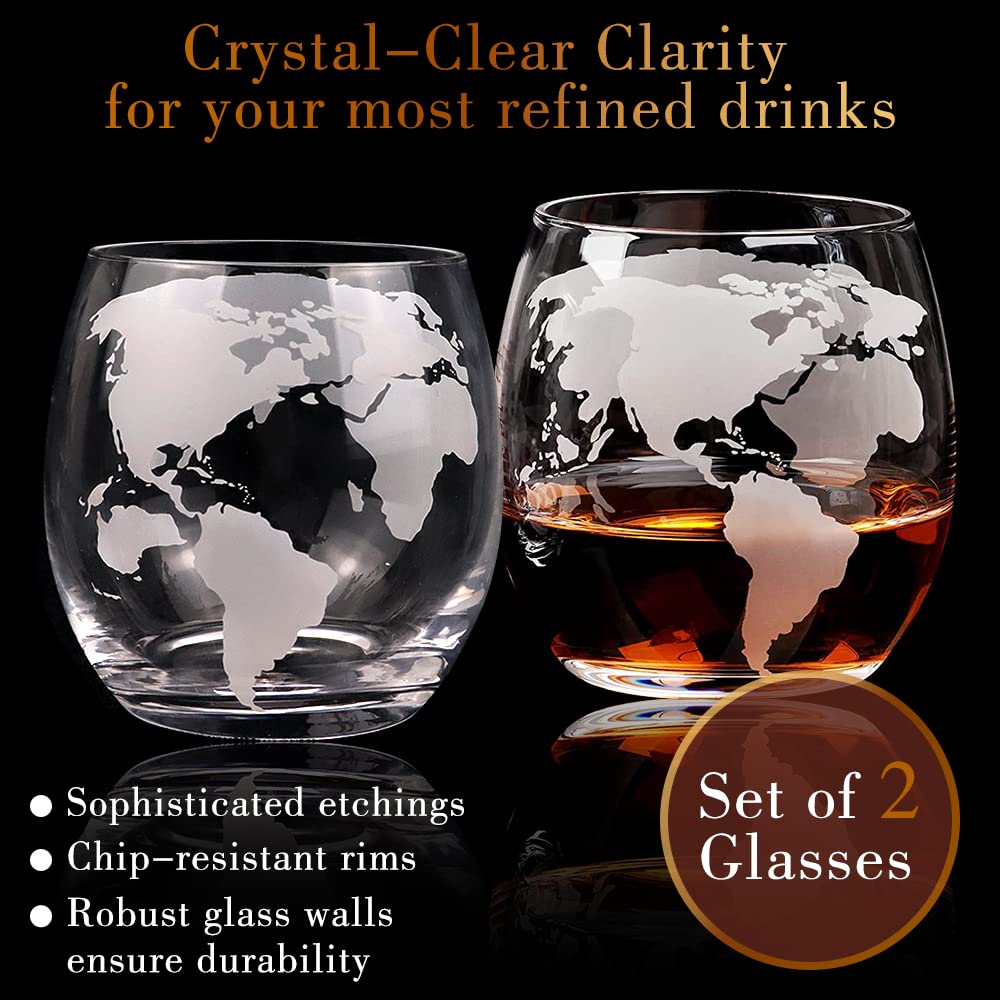BLOCE Whiskey Decanter Sets for Men with Glasses, Etched World Globe Whiskey Gifts for Dad with 2 Glasses, 4 Ice Cubes Set, Dad Birthday Gift for All Kinds of Alcohol Drinks and Vodka