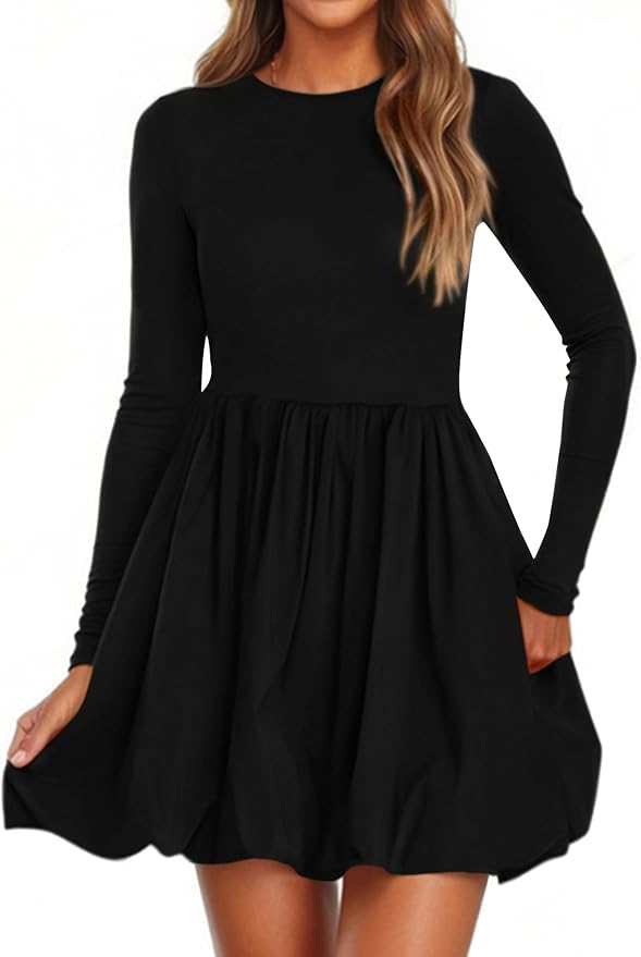 PRETTYGARDEN Fall Dresses for Women 2026 Casual Long Sleeve Bubble Cute Crew Neck A Line Mini Short Dress with Pockets
