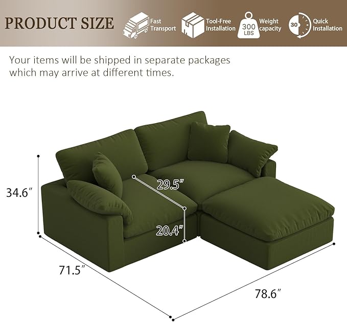 Forest aesthetics L-Shaped Modular Cloud Sectional Sofa,2-Seater with Chaise,Modern Down Filled Detachable Couch for Living Room,Office & Small Apartment,Green