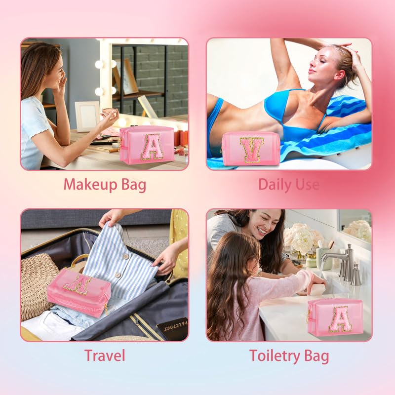 SEFORICO Clear Makeup Bag for Women - Small Personalized Initial Cosmetic Bags A-Z Chenille Letter Make up Pouch Waterproo...