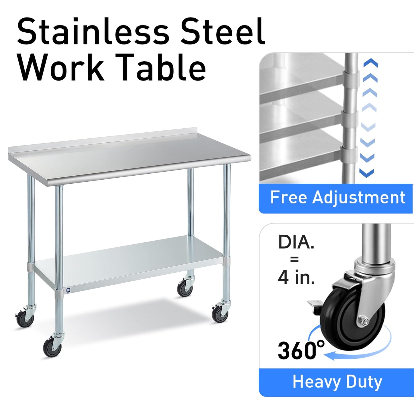 Stainless Steel Table for Prep & Work with Caster & Backsplash 24x60 Inches, NSF Metal Commercial Kitchen Heavy Duty Table with Adjustable Under Shelf and Table Foot for Restaurant, Home and Hotel