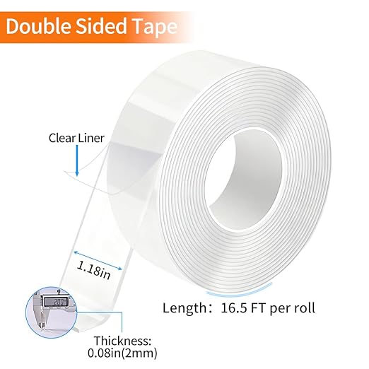 Double Sided Tape Heavy Duty Removable Nano Tape for Walls, Used for Carpet, Poster, Picture Hanging, Outdoor Multifunctional Mounting Tape (Clear, 1.18In x 16.5FT 1Pack)