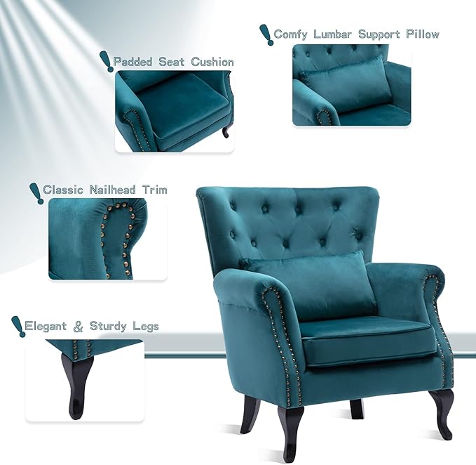 chairus Mid-Century Modern Accent Chair Comfy Tufted Single Sofa Chair Wingback Armchair with Pillow for Club, Living Room, Bedroom - Velvet, Teal