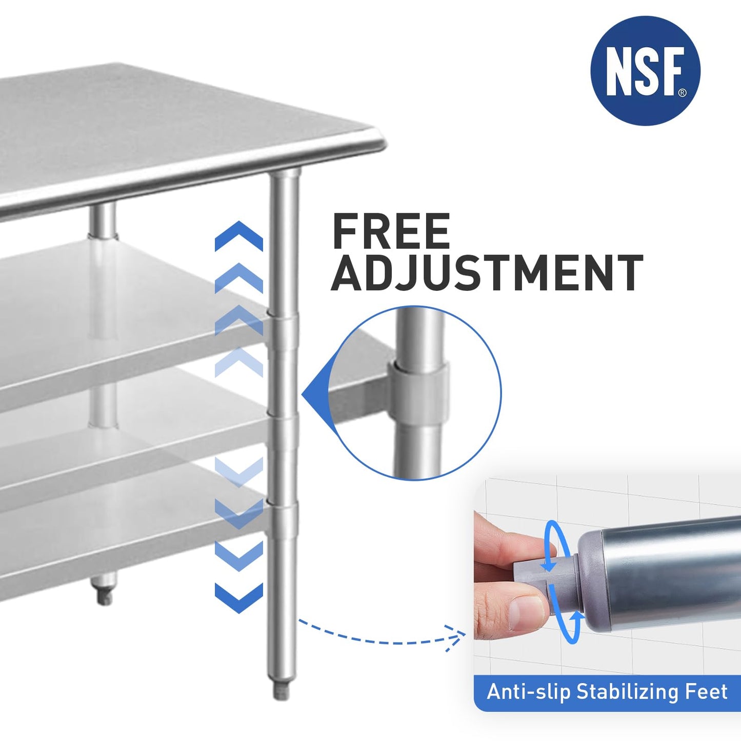 ROCKPOINT Stainless Steel Table for Prep & Work 30x30 Inches, NSF Metal Commercial Kitchen Heavy Duty Table with Adjustable Under Shelf and Table Foot for Restaurant, Home and Hotel