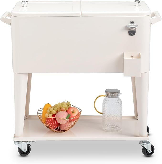80 Quart Rolling Ice Chest,Portable Bar Drink Cooler,Camping BBQ Ice Chest Cart,Modern Beverage Cooler Cart,with Catch Bas...