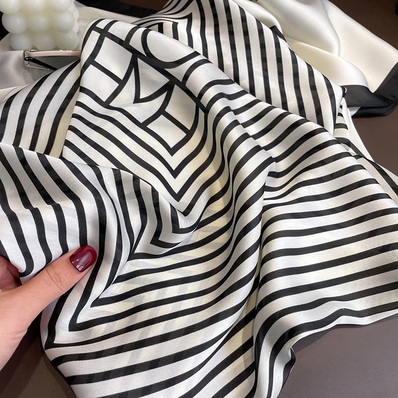 FairyCity Luxury Silk Square Scarf, Black and White Striped Pattern, Classic Geometric Design 35 inches