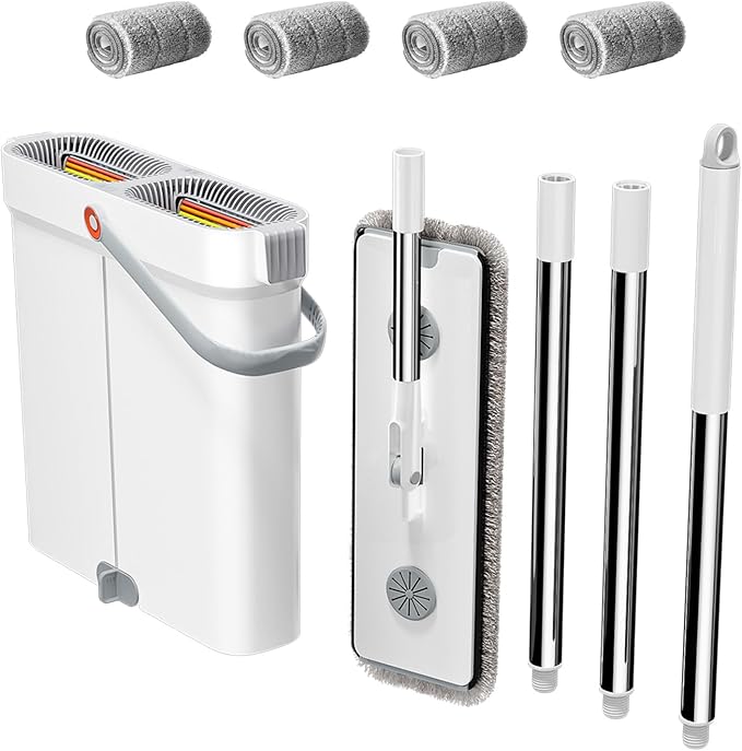 CTIME 15.74“Mop and Bucket Set with Wringer for Home : Hands-Free Flat Floor Mop Bucket Wet Dry Use Floor Cleaning System for All Floor