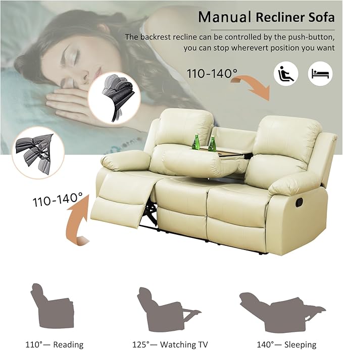 A Ainehome Living Room Furniture Set Bonded Leather Recliner Sofa Set Loveseat Chair Furniture Sofa Set for Living Room/Rv/House/Office/Theater Seating (A-Beige Leather, Sofa+Chair)