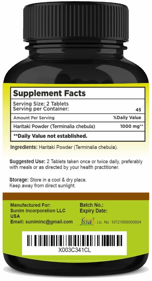 SunNature Haritaki Tablets 90 Tablets, 1000 mg| 45 Days Supply | Terminalia chebula | Vegan| from India