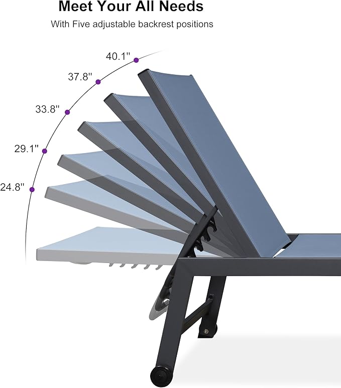 PURPLE LEAF Outdoor Chaise Lounge Set for 2 Oversized Pool Lounge Chairs with Easy-to-Move Wheels and Adjustable Backrest Extra Large Patio Loungers for Poolside Deck Beach Yard Table Included, Indigo