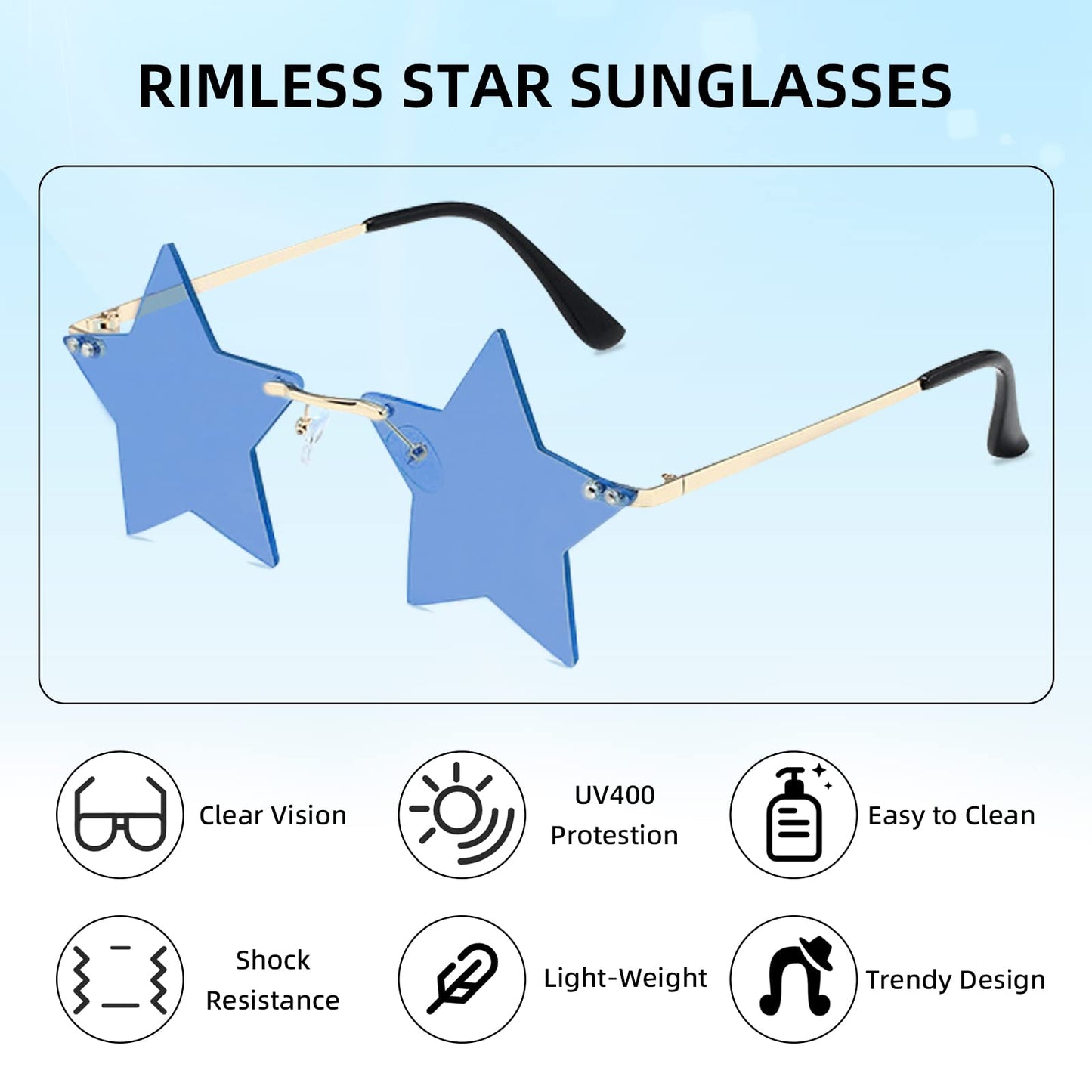FUNUPUP Blue Star Shape Sunglasses Rimless Transparent Star Sun Glasses for Women and Men Party