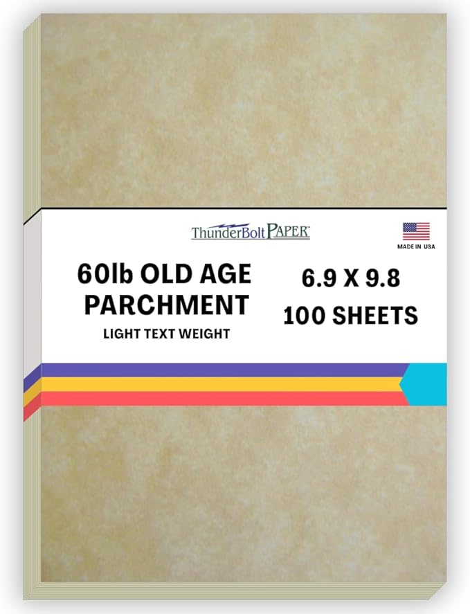 100 Old Age Parchment Paper for Writing - 24/60# Text Sheets - B5 (6.9X9.8 inches) European and Planner Size - Not Card Weight - Vintage Colored Old Parchment Look