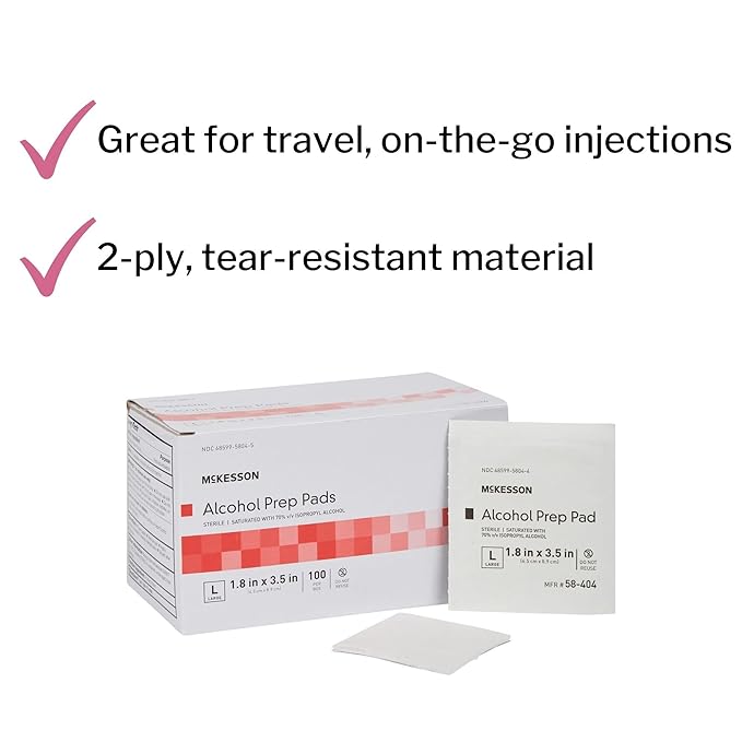 McKesson Alcohol Prep Pads [Pack of 100] 70% Isopropyl, Individually Wrapped Wipes, Sterile, Medical-Grade, First Aid, Large