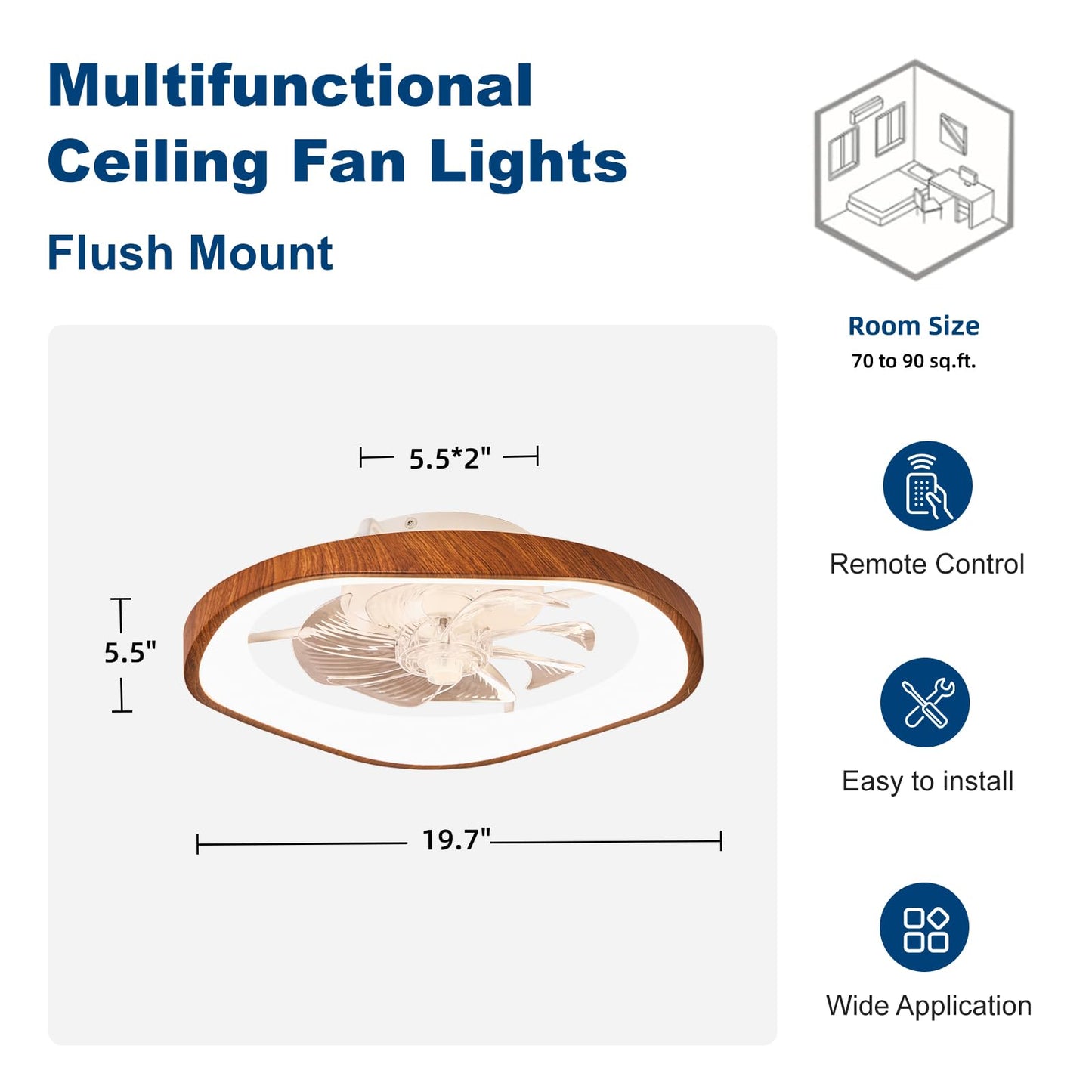 Monikessy 19.7" Modern Ceiling Fans with Lights and Remote, Dimmable Low Profile Ceiling Fan, Farmhouse Smart Bladeless Fandelier Flush Mount Ceiling Fan for Bedroom Dining Room