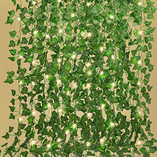 RECUTMS Ivy Fake Vines for Room Decor 12 Pack 86 FT Artificial Plant with 100 LED String Light Bedroom Aesthetic Hanging G...
