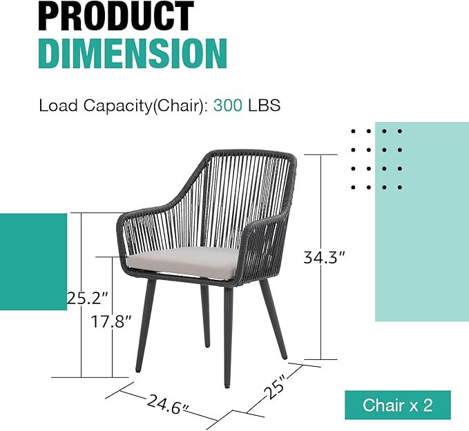 Patiorama Outdoor Dining Chairs, Patio Dining Chair Set of 2, All-Weather Woven Rope Rattan Chairs, Outdoor Dining Wicker Chairs with Armrests for Indoor Balcony Pool Backyard(Black)