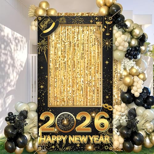 Happy New Year Party Decorations Hello 2026 Photo Booth Props New Year’s Eve Party Supplies Picture Booth Frame Backdrop i...
