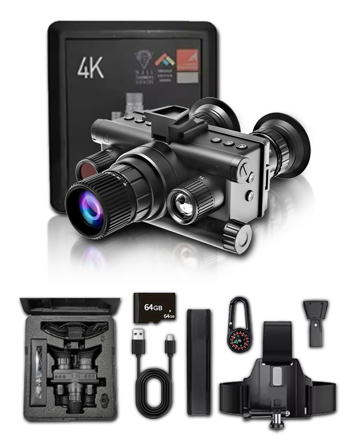 4K HD Night Vision Goggles with Helmet Mount, 8X Zoom, 1968ft View Range, Dual Display Screens and 64GB Card for Outdoor Activities
