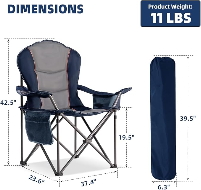 Foristrail Large Camping Chair with Side Table Heavy Duty 500LBS - Folding Outdoor Chair with Cooler Bag (Blue & Gray, 1 PCS)
