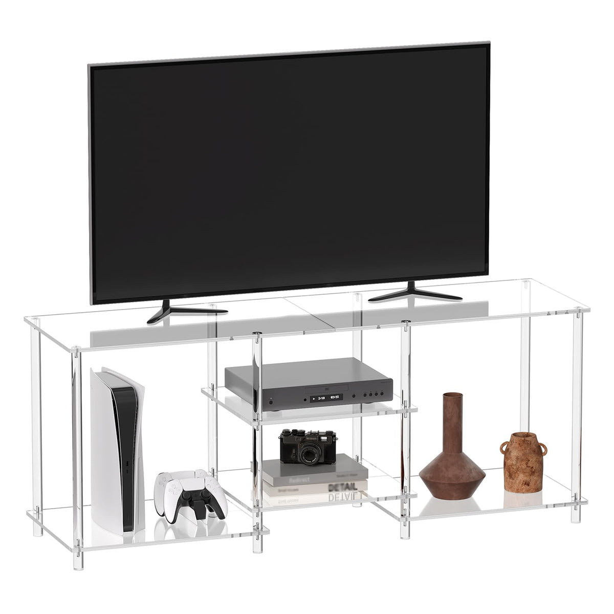 Eglaf Acrylic 55 Inch TV Stand - 3-Tier Entertainment Center - Clear TV Console Table with Open Storage Shelves, for Living Room, Bedroom - 55.1'' L x 15.7'' W x 22.4'' H, (TVs up to 60 Inch)