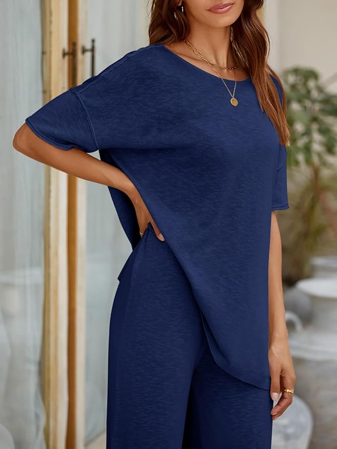 Tankaneo Women's 2 Piece Travel Outfits Casual Short Sleeve Knit Sweater Set Wide Leg Pants Lounge Sets Tracksuit