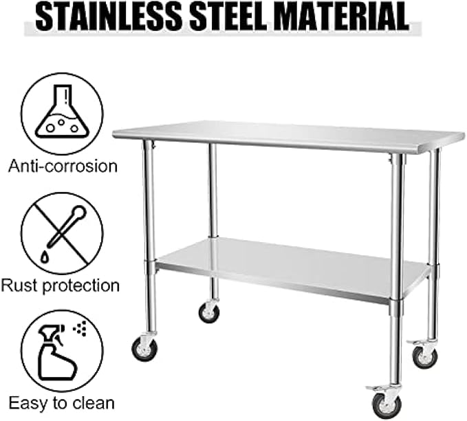 Stainless Steel Table - Metal Table Cart - Commercial Workbench with Caster Wheel - NSF Certified - for Restaurant, Warehouse, Home, Kitchen, Garage,48''x24''