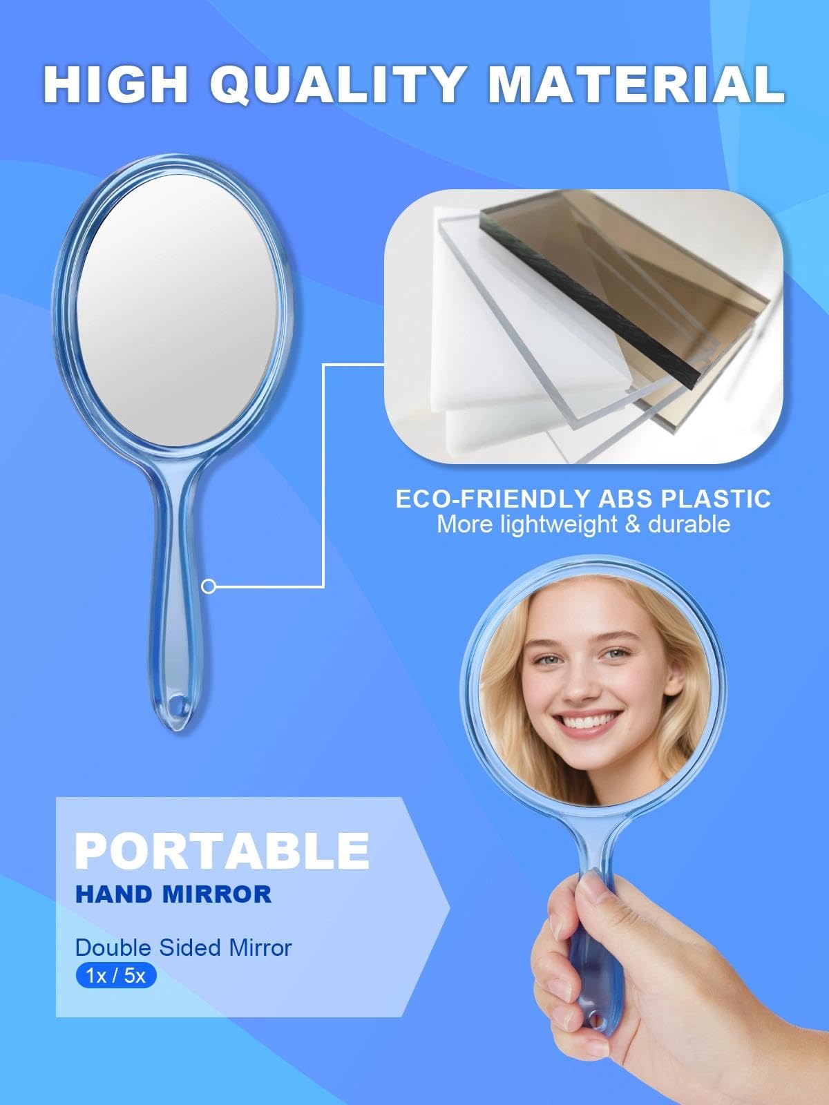 Macaki Handheld Mirror with Handle, 10.5 x 5.7 inches, Double-Sided 1X/5X Magnification Travel Makeup Mirror for Women, Blue
