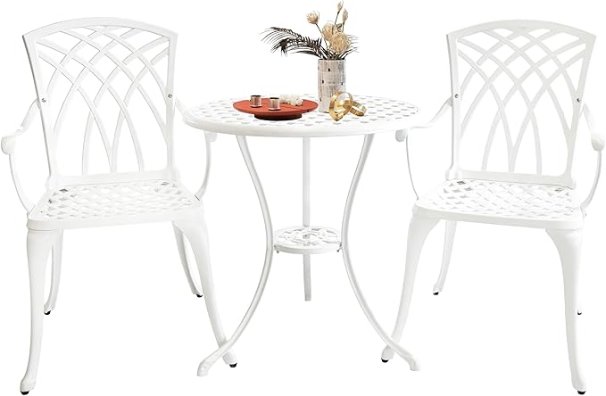 PATIO-IN White Bistro Table and Chairs Set of 2, Cast Aluminum White Bistro Set Outdoor, Patio Bistro Sets with Umbrella Hole, Round Back Yard Set for Porch Balcony Garden