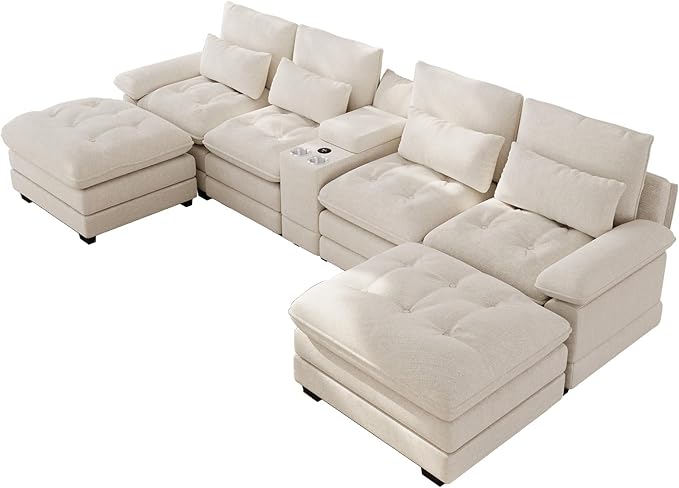 BEQAI 134"U Shaped Sectional Couches for Living Room, Oversized Modular Sectional Fluffy Couch with 2 Ottoman & Storage Console,Modern 6 Seat Living Room Sofa with Glitter Fabric,Tufted Buttons, Beige