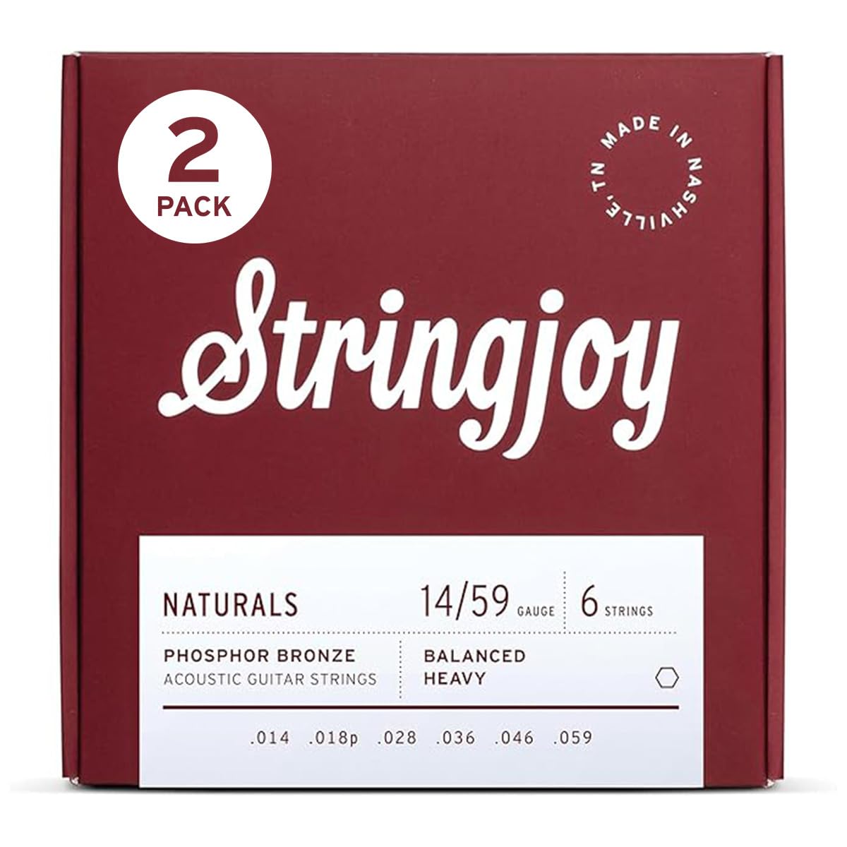Stringjoy Balanced Heavy Gauge Naturals Phosphor Bronze Acoustic Guitar Strings 14-59, NB1459, Long-Lasting Clear & Shimmering T