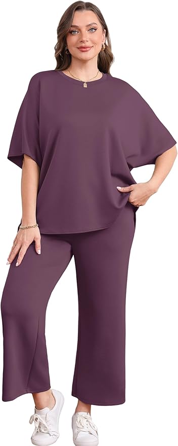 Sampeel Two Piece Sets for Women Summer Outfits Oversized Wide Leg Crop Pants Lounge Sets Airport Beach Vacation Clothes