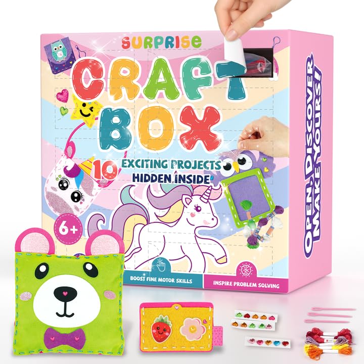 Sewing Kit for Beginner Kids, 10Pcs Unicorn Bear DIY Arts and Crafts Box, Felt Art Projects, Blind Box Craft Supplies, Learn to Sew Embroidery Kit, Birthday Gift for Girls 3 4 5 6 7 8 Years Old