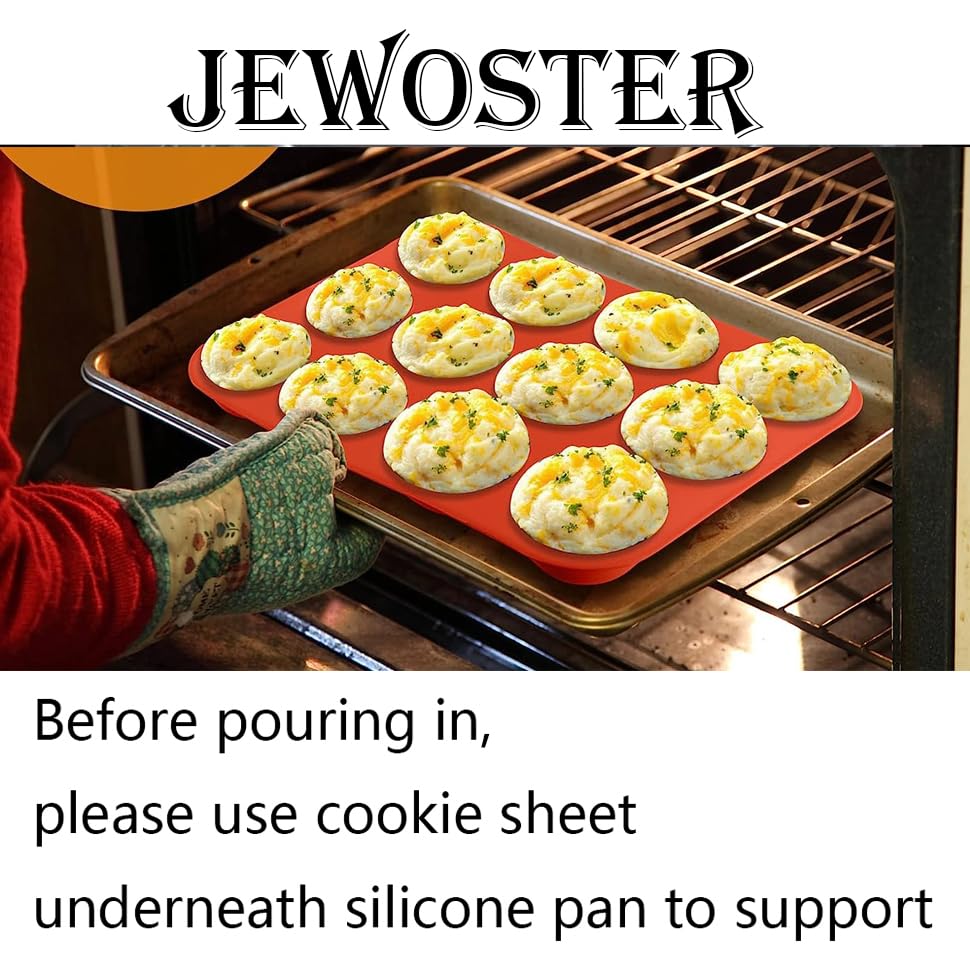 JEWOSTER 12 Cups Silicone Muffin Pan 2 Pack - Cupcake Pan Nonstick Silicone Molds Great for Making Muffin Cakes,Bread, Tart - BPA Free Baking Accessory