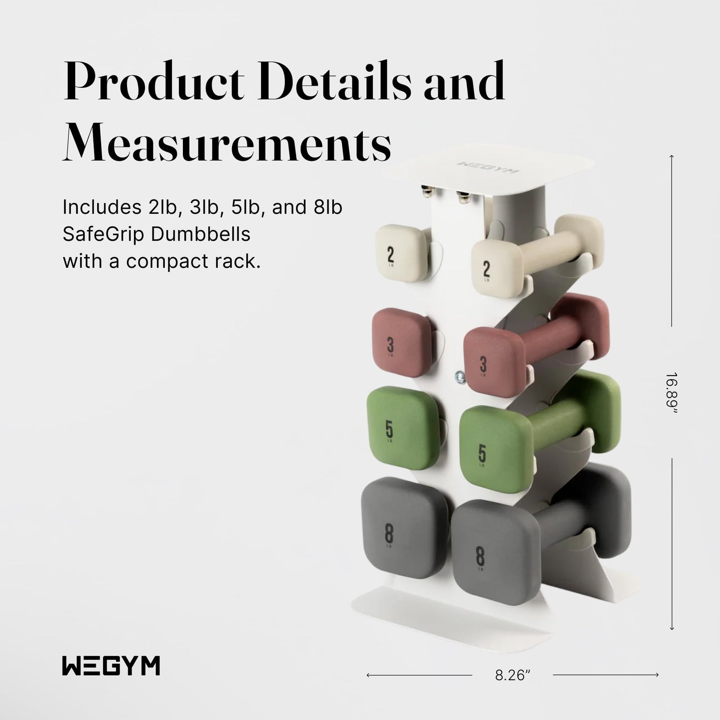 WeGym SafeGrip Square Dumbbells with Anti-Slip Handles, Safe Weight Lifting Equipment for Home Gym, Aesthetic Dumbbell Sets (Starter Set 2+3+5+8LB Pair with Sandstone Rack - Mix Set)