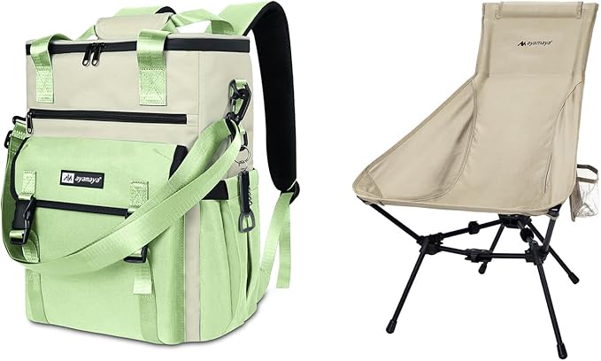 ayamaya Ultralight Chair + Backpack Cooler, High Back Aluminum Widen Frame Structure Folding Chair wigh Side Pocket, Green...