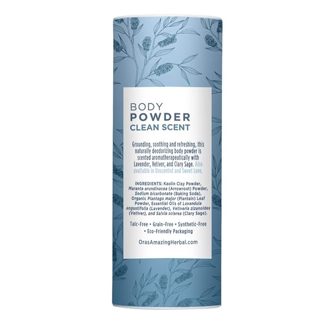 Ora's Amazing Herbal Body Powder for Men and Women, Dusting, Foot Powder, Talc Free, Cornstarch Free, Clean Scent with Essential oils of Lemongrass, Eucalyptus and Spearmint