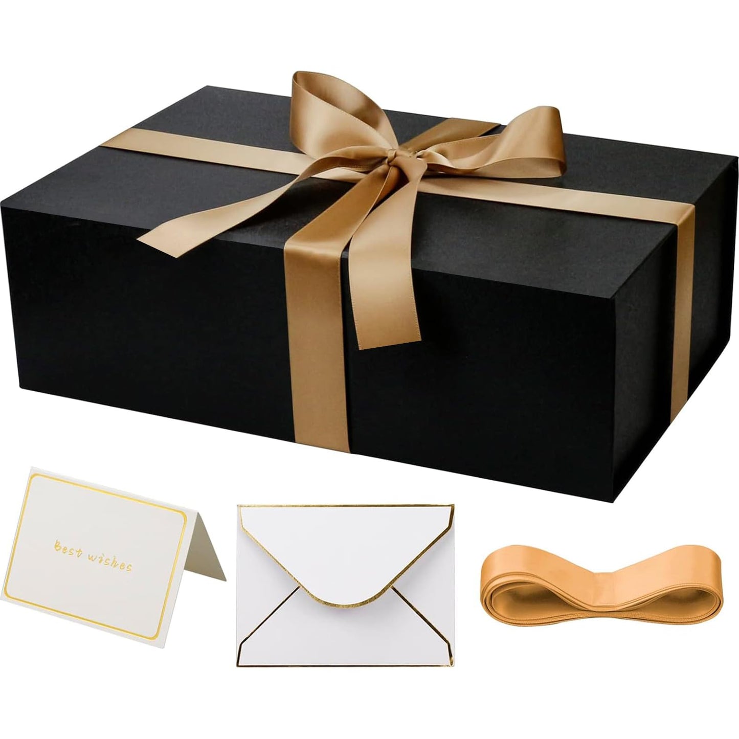 YINUOYOUJIA 5 Pack Large Black Gift Box with Lid,14"x9"x4.5" Magnetic Gift Boxes with Ribbon,Cards and Envelopes for Presents,Great for Wedding,Birthdays,Crafting,Gift Packaging.