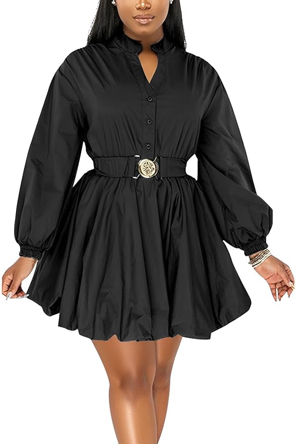 ENOPINK Womens Mini Dress Puff Sleeve Dresses 2026 Button Down Sexy V Neck A Line Party Clubwear with Belt