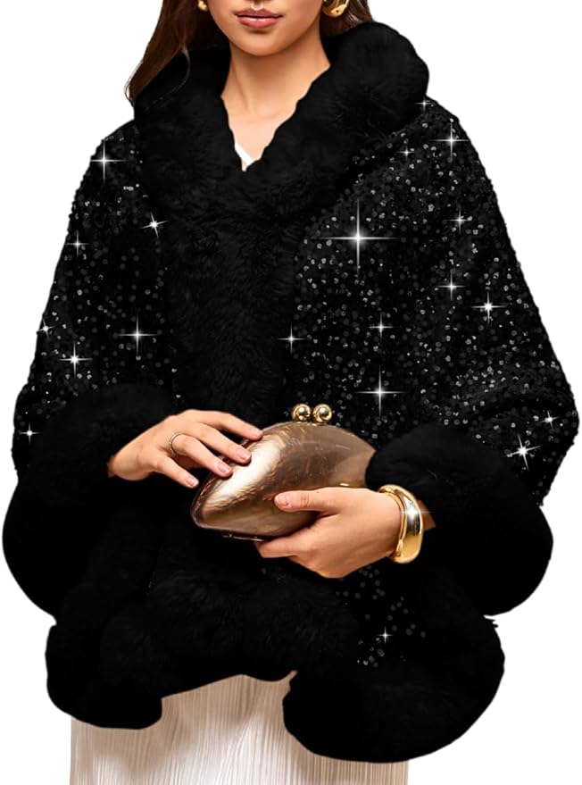 EHSUYAB Women's Sequin Faux Fur Shawl Wrap, Winter Bridal Wedding, Luxury Elegant Velvet Fur Coat Jackets Cape Evening Party