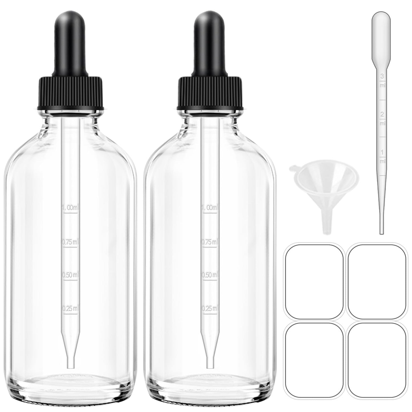 Bumobum Dropper Bottles 4oz, 2 Pack Clear Tinctures Bottle with Dropper for Essential Oils with Funnel, Labels & Pipette, Glass Dropper Bottles for Aromatherapy(Unbreakable Plastic Eye Dropper)