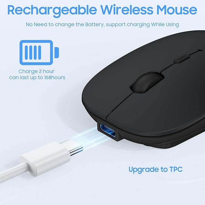 SUNGI Bluetooth Mouse for Laptop/MacBook/iPad/Android PC,Rechargable Quiet Slim Wireless Mice Compatible with Windows/Linux/Tablet,Black