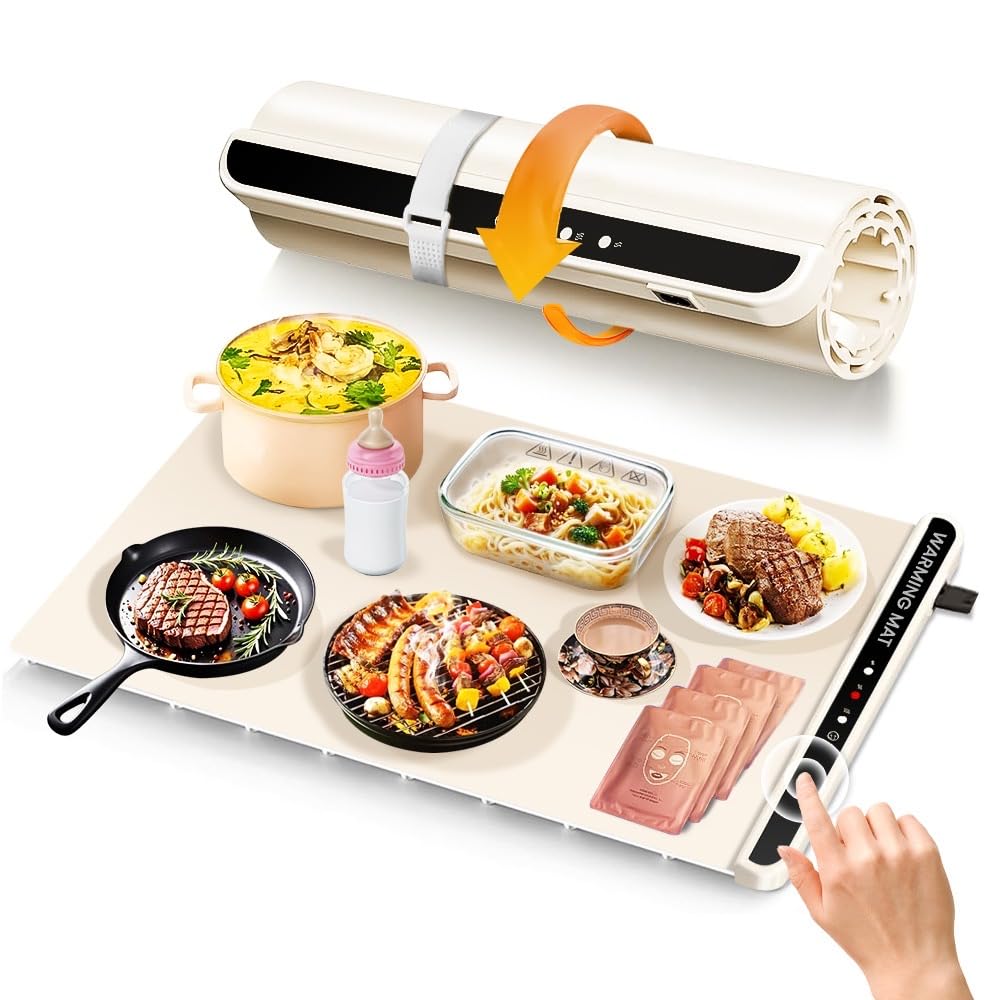 Food Warming Mat for countertop- Full Surface Heating Food Warmer Trays for Buffets Party with Multiple Temperature Settings,Heating Quick,Portable Design, Timed Function for Your Family (Cream White)