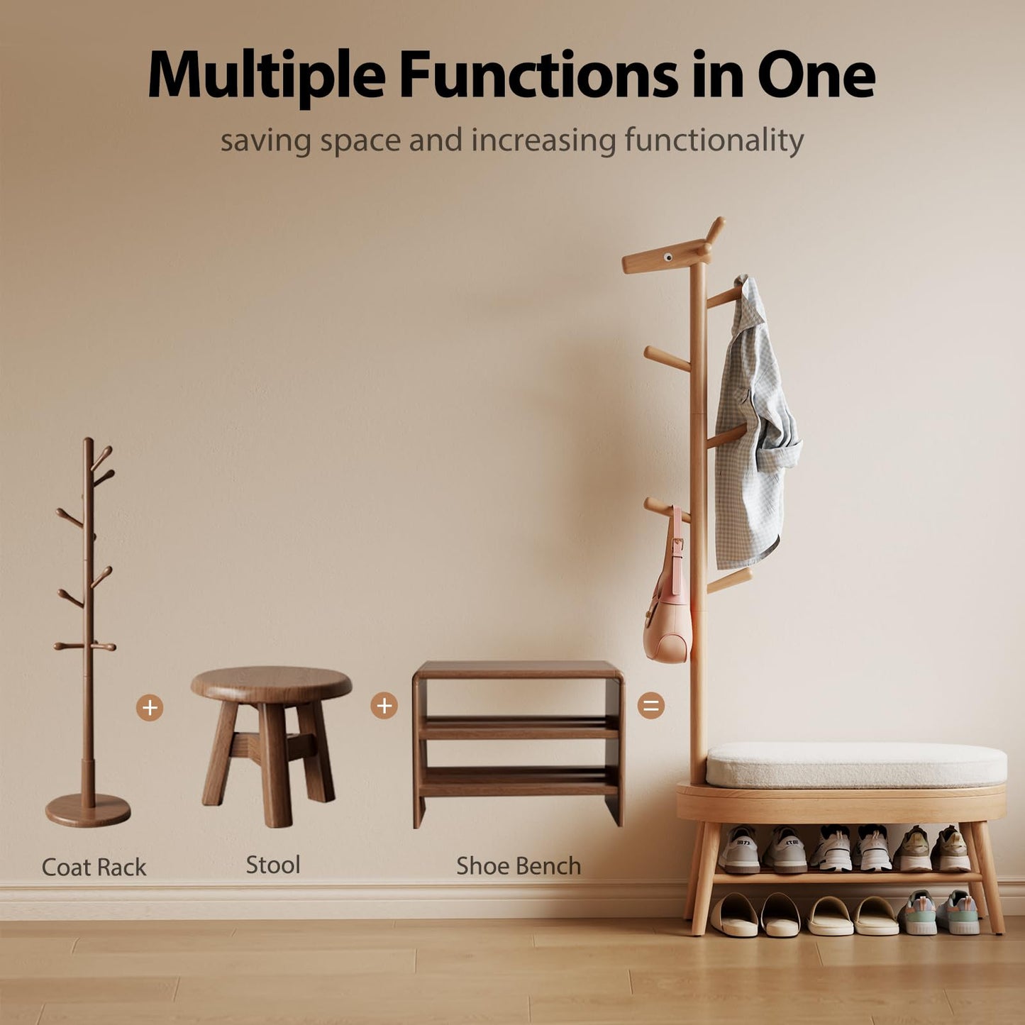 AQIMUELE Coat Rack with Shoe Storage, Wooden Shoe Bench with Coat Rack and Storage for Bench, (Natural)