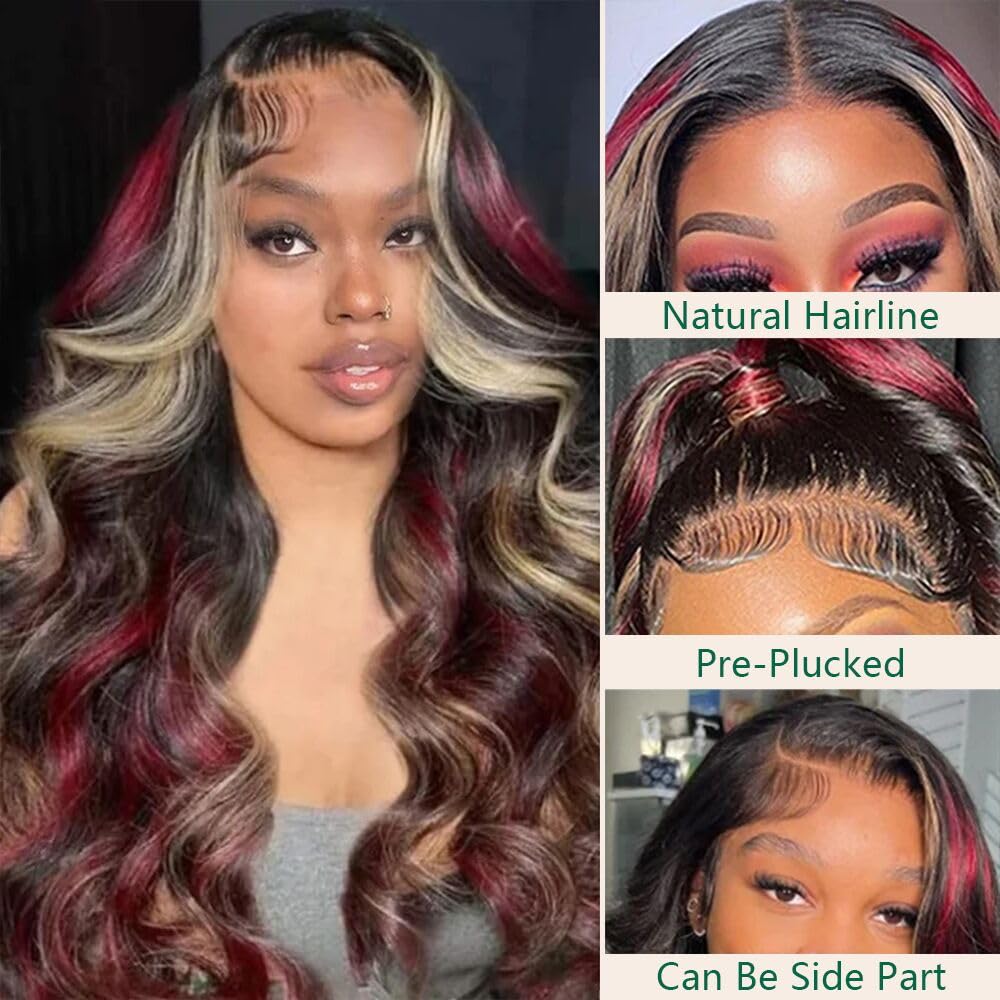 Aolvoblees Skunk Stripe Human Hair Wig Ombre 250% Density 13X4 Body Wave 1B/27/99J Highlight Burgundy HD Lace Front Frontal Glue